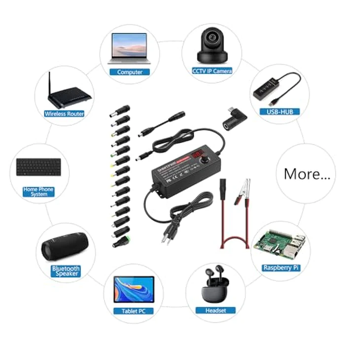 SHNITPWR 72W universal Power Supply Adjustable DC 3V ~ 24V 3A AC/DC Adapter with USB C Charger PD 65W Upgraded 100V-240V AC to DC Converter Variable Power Adapter, 14 Tips, Alligator Clips Power Cable by SHNITPWR - Image 7