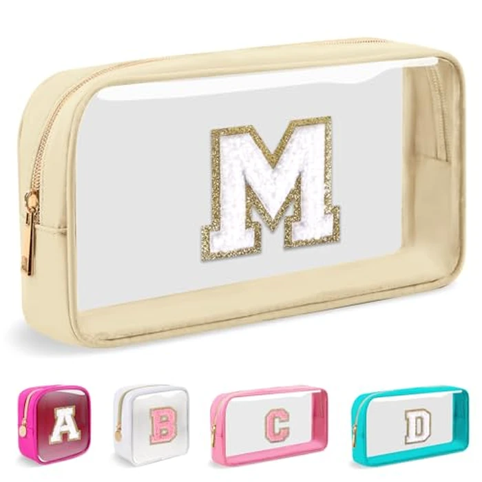 Small Clear Personalized Initial Makeup Bag,Nylon Preppy A-Z Chenille Letter Patch Cosmetic Pouch Beach Toiletry Bag,Waterproof Zipper Travel Purse Storage Bag Organizer for Women Girls(Beige-White M) by Iqimott - Image 1