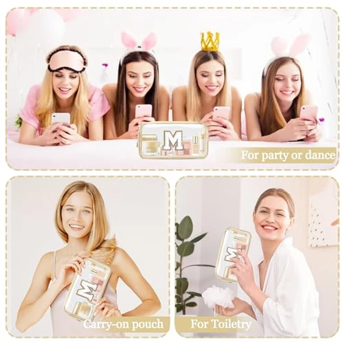 Small Clear Personalized Initial Makeup Bag,Nylon Preppy A-Z Chenille Letter Patch Cosmetic Pouch Beach Toiletry Bag,Waterproof Zipper Travel Purse Storage Bag Organizer for Women Girls(Beige-White M) by Iqimott - Image 6