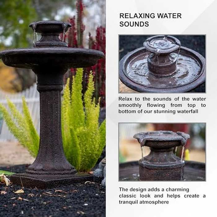 XBrand 28" Tiered Freestanding Classic Bird Bath Outdoor Water Fountain with Auto Shut-Off Pump, Brown by XBrand - Image 7
