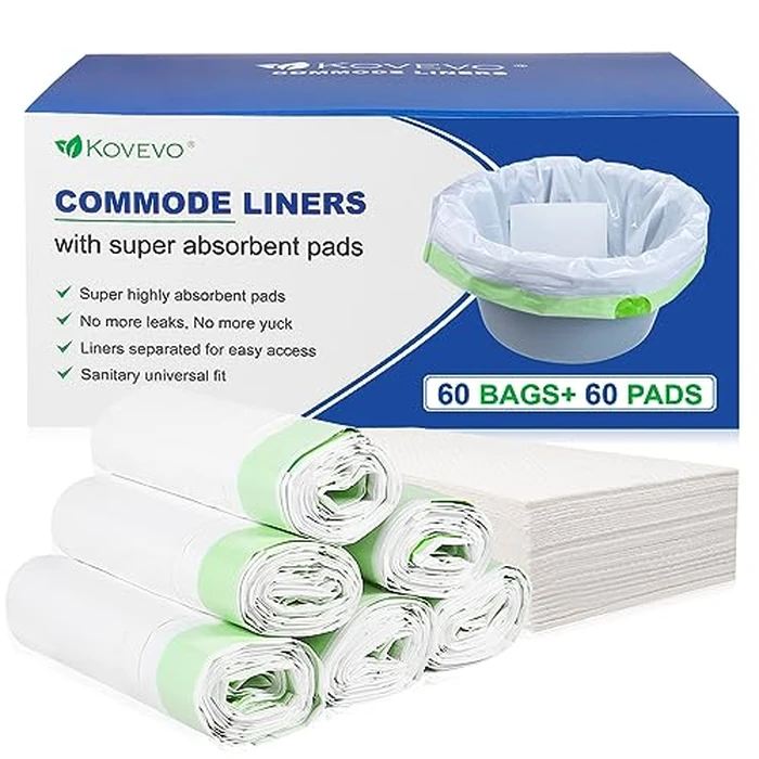 Kovevo 60 Pack Commode Liners with Absorbent Pads, 60 Bedside Commode Liners and 60 Commode Pads, Portable Toilet Liners for Commode Bucket | Universal Fit | Make Cleanup Simple by Kovevo - Used - Very Good condition - US$20.75