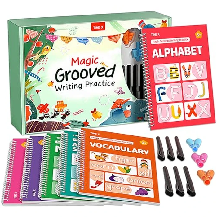 TIME X Magic Grooved Writing Practice Books, Reusable 3D Groove Handwriting Practice Workbooks for Kids Ages 3-8, Large Preschool Writing Books with Disappearing Ink for Kids 5-7 (Practice 6-Books) by Timetome - Used - Like New condition - US$25.09