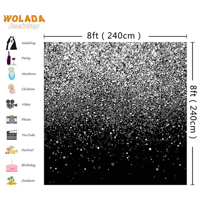 WOLADA Black and Silver Backdrop Silver Glitter Backdrop for Photography Wedding Birthday Baby Shower Party Photo Studio 8x8FT FW18 by WOLADA - Image 3