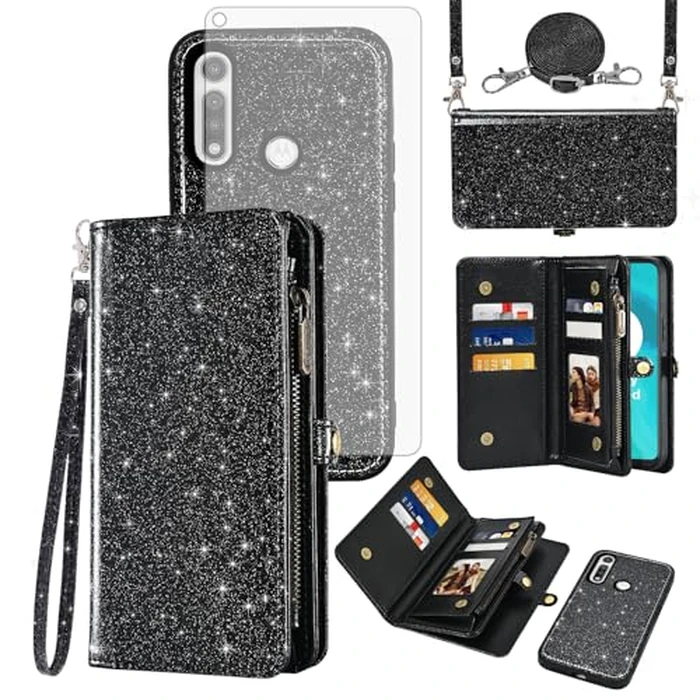 Asuwish Phone Case for Moto G Fast 2020 Zipper Wallet Detachable Cell Cover with Tempered Glass Screen Protector Lanyard Wrist Strap Flip Credit Card Holder Slot Motorola GFast XT2045-3 Women Black by Asuwish - Image 1