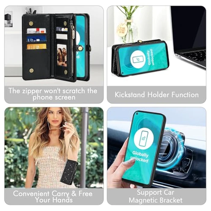 Asuwish Phone Case for Moto G Fast 2020 Zipper Wallet Detachable Cell Cover with Tempered Glass Screen Protector Lanyard Wrist Strap Flip Credit Card Holder Slot Motorola GFast XT2045-3 Women Black by Asuwish - Image 4