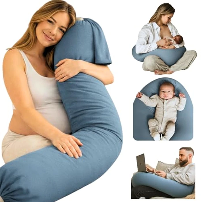 Cuddo Baby Pregnancy Pillow 5-in-1 |Adjustable Shape, Cooling Fabric| Beanbag Style Microbead, O-Shape for Nursing, 5-Point Full Body Support for Side Sleepers, Gift for Women, with Travel Bag - Blue by Cuddo Baby - Image 1