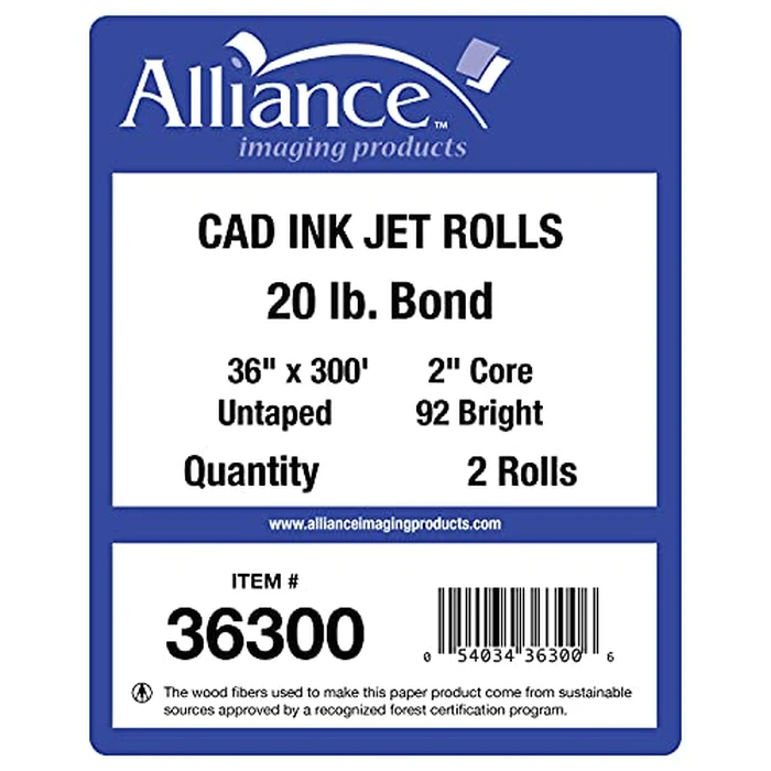 Alliance Wide Format Paper CAD Bond Rolls (20lb | 2 Rolls, 36 In x 300 Ft | 2" Core) by Alliance - Image 4
