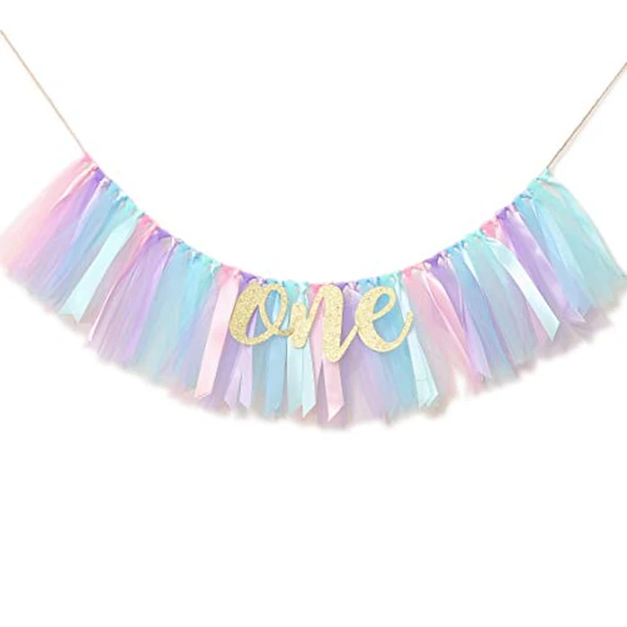 WAOUH Baby Girl Birthday Banner - Highchair Banner for First Birthday Decoration, Cake Smash Photo Prop, Tulle and Ribbon Garland (Light Aqua and Light Blue) by WAOUH - Image 1