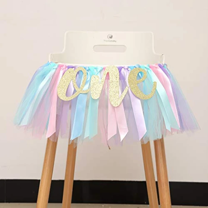 WAOUH Baby Girl Birthday Banner - Highchair Banner for First Birthday Decoration, Cake Smash Photo Prop, Tulle and Ribbon Garland (Light Aqua and Light Blue) by WAOUH - Image 3
