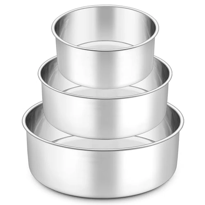 P&P CHEF 6 + 8 + 9.5 Inch Cake Pans Set, Round Baking Pan Stainless Steel Layer Birthday Wedding Cake Oven Pans, Non Toxic & Heavy Duty, Deep Side & Mirror Finish, Dishwasher Safe, (3Pcs) by P&P CHEF - Image 1