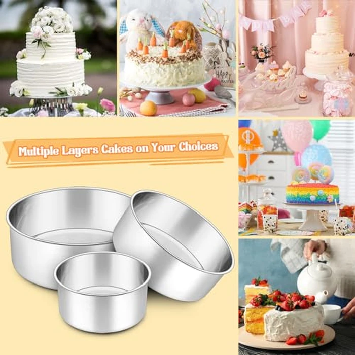 P&P CHEF 6 + 8 + 9.5 Inch Cake Pans Set, Round Baking Pan Stainless Steel Layer Birthday Wedding Cake Oven Pans, Non Toxic & Heavy Duty, Deep Side & Mirror Finish, Dishwasher Safe, (3Pcs) by P&P CHEF - Image 5