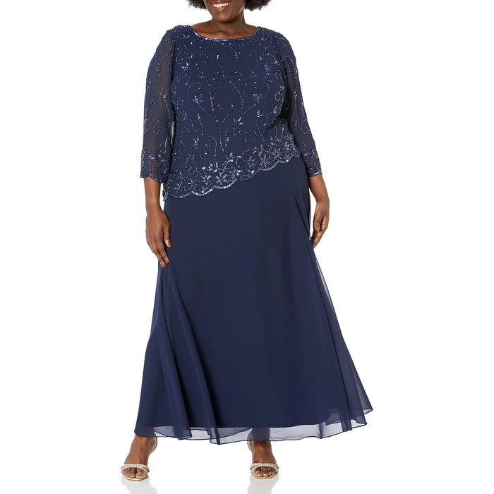 J Kara Women's Plus Size Beaded Scallop Bodice Asymmetrical Gown by J Kara - Image 1