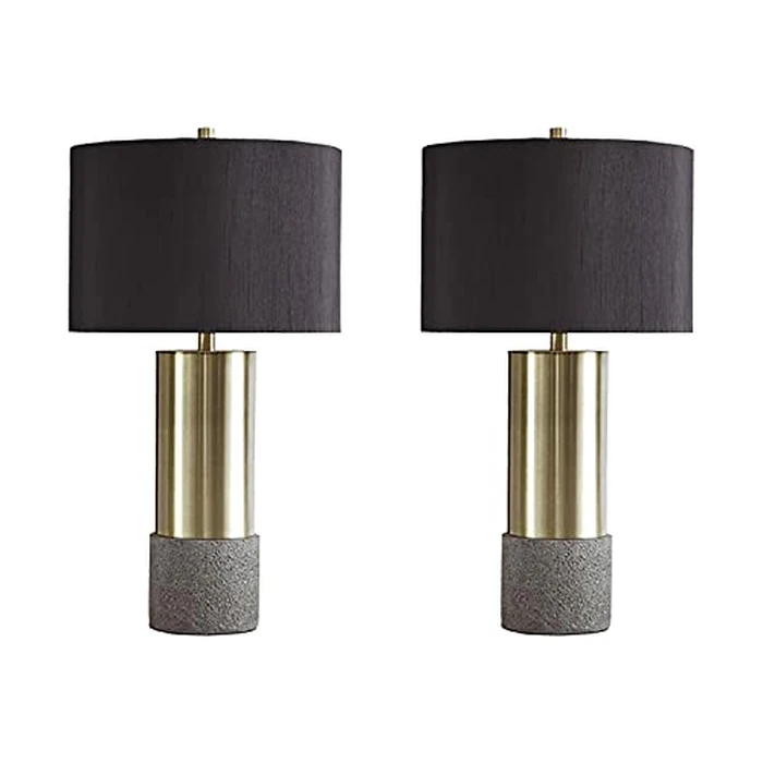 Signature Design by Ashley Jacek Contemporary Table Lamp, 2 Count, 3 Way Switch, Metal, Poly Resin and Drum Shade, 15" W x 15" D x 27.25" H, Gray & Brass Finish by Signature Design by Ashley - Used - Good condition - US$85.43