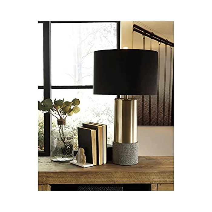 Signature Design by Ashley Jacek Contemporary Table Lamp, 2 Count, 3 Way Switch, Metal, Poly Resin and Drum Shade, 15" W x 15" D x 27.25" H, Gray & Brass Finish by Signature Design by Ashley - Image 2