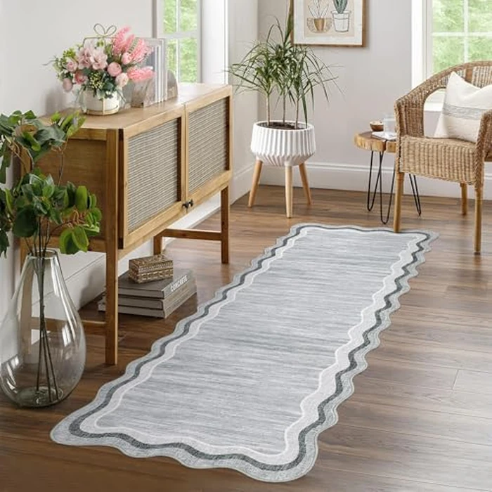 Garvee Scalloped Runner Rugs 2x6 Kitchen Rugs Non Slip Washable Door Rugs for Entryway Indoor Modern Solid Color Carpet, Low Pile Stain Resistant Neutral Mat, Grey by Garvee - Used - Very Good condition - CA$22.31