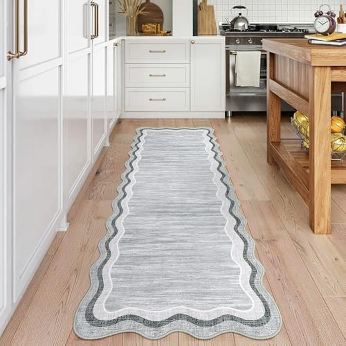 Garvee Scalloped Runner Rugs 2x6 Kitchen Rugs Non Slip Washable Door Rugs for Entryway Indoor Modern Solid Color Carpet, Low Pile Stain Resistant Neutral Mat, Grey by Garvee - Image 2