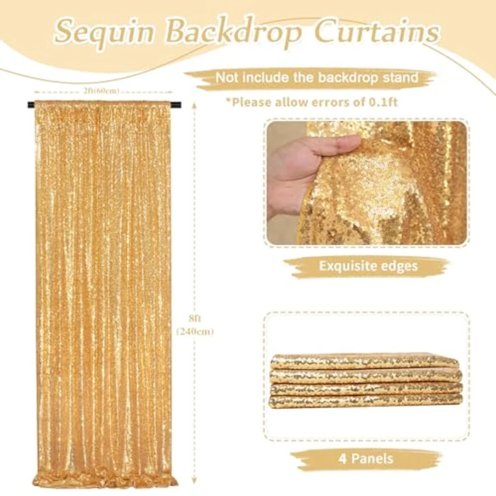 Gold Sequin Backdrop Curtains 4 Pieces 2ftx8ft Shimmer Wall Backdrop Glitter Fabric for Party Baby Shower Decor by Fanqisi - Image 2