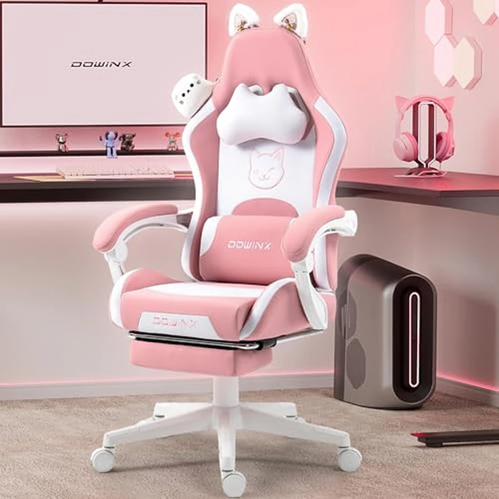Dowinx Gaming Chair Cute with Cat Ears and Massage Lumbar Support, Ergonomic Computer Chair for Girl with Footrest and Headrest, Comfortable Reclining Game Chair 290lbs for Adult, Teen, Pink by Dowinx - Used - Very Good condition