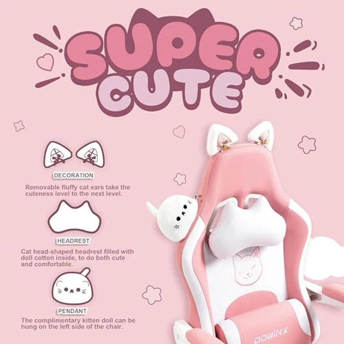 Dowinx Gaming Chair Cute with Cat Ears and Massage Lumbar Support, Ergonomic Computer Chair for Girl with Footrest and Headrest, Comfortable Reclining Game Chair 290lbs for Adult, Teen, Pink by Dowinx - Image 2