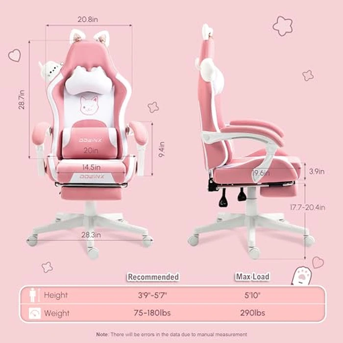 Dowinx Gaming Chair Cute with Cat Ears and Massage Lumbar Support, Ergonomic Computer Chair for Girl with Footrest and Headrest, Comfortable Reclining Game Chair 290lbs for Adult, Teen, Pink by Dowinx - Image 6