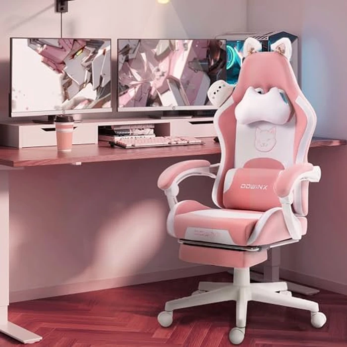 Dowinx Gaming Chair Cute with Cat Ears and Massage Lumbar Support, Ergonomic Computer Chair for Girl with Footrest and Headrest, Comfortable Reclining Game Chair 290lbs for Adult, Teen, Pink by Dowinx - Image 7