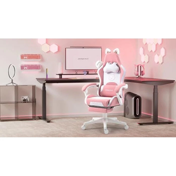 Dowinx Gaming Chair Cute with Cat Ears and Massage Lumbar Support, Ergonomic Computer Chair for Girl with Footrest and Headrest, Comfortable Reclining Game Chair 290lbs for Adult, Teen, Pink by Dowinx - Image 8