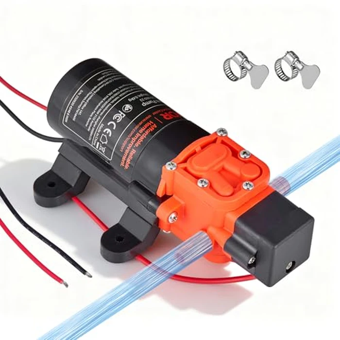 VEVOR Water Pressure Pump, 12V DC 1.2 GPM (4.5 L/min), 2-Chamber Self-Priming Diaphragm Water Pump with 2 Hose Clamps, 80 PSI Max Pressure, Quiet Operation, for RV, Caravan, Marine, Garden Irrigation by VEVOR - Image 1