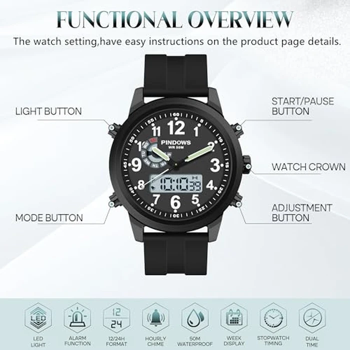 PINIDOUS Men Watches for Men's Military Digital Watches Analog Quartz Waterproof Watch Sport Outdoor Multifunctional Stainless Steel Classic Stylish Fashion Casual Business Wristwatch by PINIDOUS - Image 2