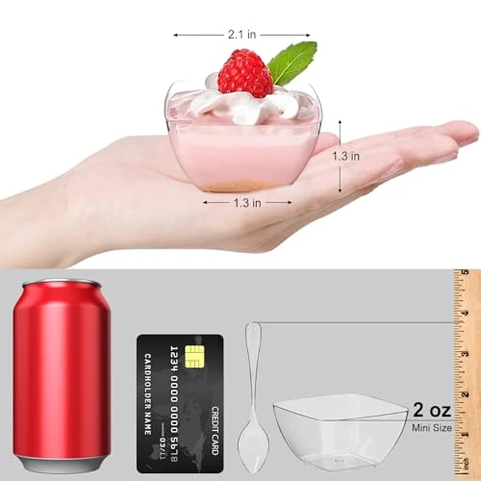 TOFLEN 200ct 2 oz Mini Dessert Cups with Spoons, Clear Plastic Reusable Small Party Serving Cups for Appetizers, Hors D'oeuvres Plates by TOFLEN - Image 2