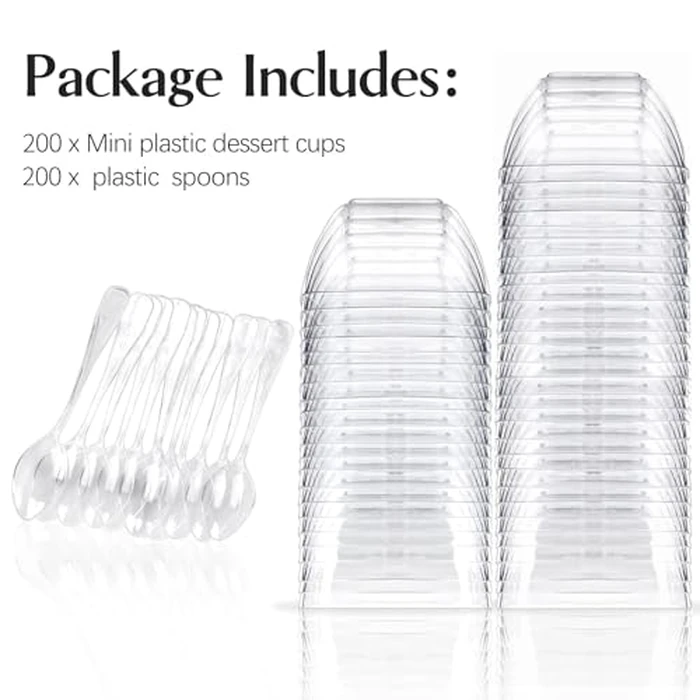 TOFLEN 200ct 2 oz Mini Dessert Cups with Spoons, Clear Plastic Reusable Small Party Serving Cups for Appetizers, Hors D'oeuvres Plates by TOFLEN - Image 3
