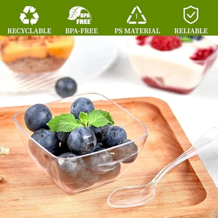 TOFLEN 200ct 2 oz Mini Dessert Cups with Spoons, Clear Plastic Reusable Small Party Serving Cups for Appetizers, Hors D'oeuvres Plates by TOFLEN - Image 4
