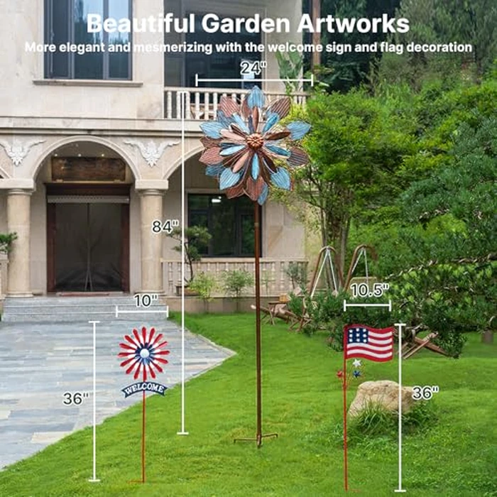 Wind Spinners Outdoor, 84" Large Metal Kinetic Wind Sculptures for Garden, Classic Yard Art with 2 Piece Welcome Flag Decoration by A ANLEOLIFE - Image 2