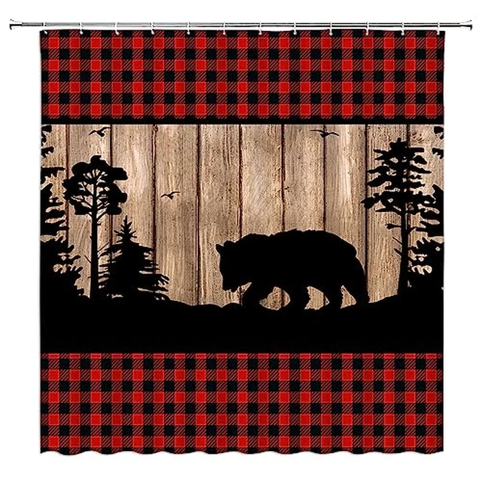 HYKHYK Rustic Bear Shower Curtain Red Black Buffalo Check Plaid Wild Animal Forest Cabin Hunting Lodge Farmhouse Fabric Bathroom Curtain Set with Hooks(70" WX70 H) by HYKHYK - Image 1