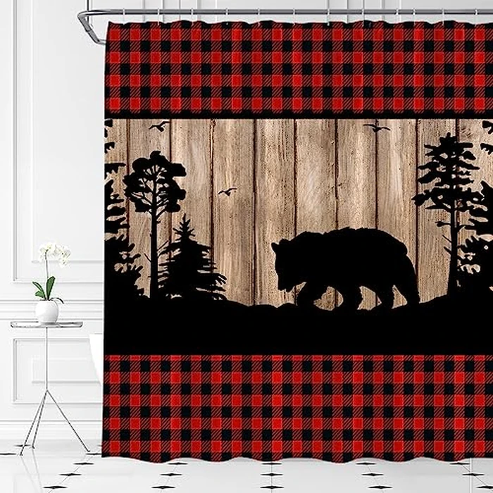 HYKHYK Rustic Bear Shower Curtain Red Black Buffalo Check Plaid Wild Animal Forest Cabin Hunting Lodge Farmhouse Fabric Bathroom Curtain Set with Hooks(70" WX70 H) by HYKHYK - Image 2