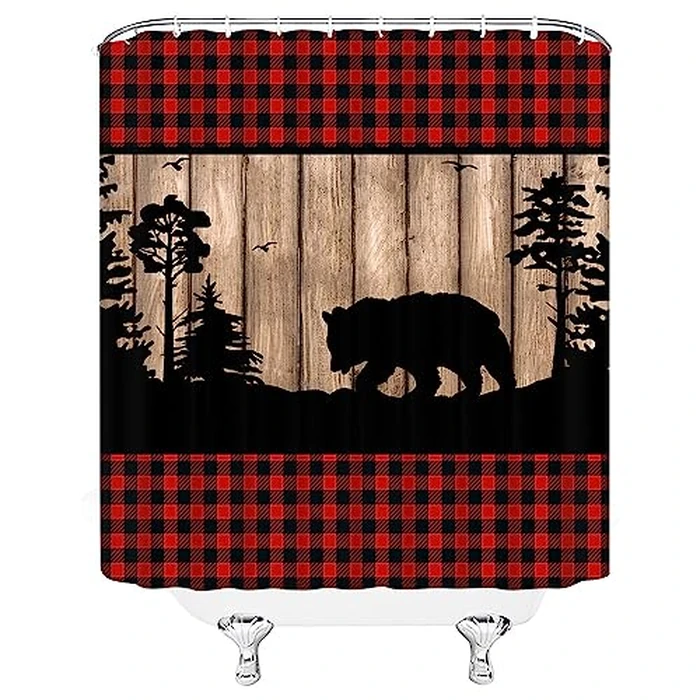 HYKHYK Rustic Bear Shower Curtain Red Black Buffalo Check Plaid Wild Animal Forest Cabin Hunting Lodge Farmhouse Fabric Bathroom Curtain Set with Hooks(70" WX70 H) by HYKHYK - Image 3