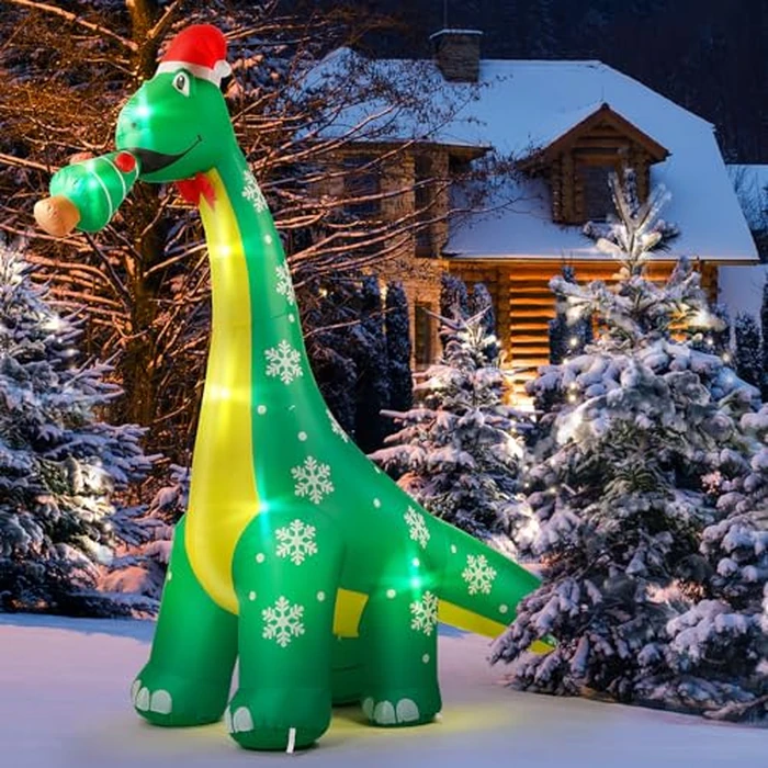 CACIRAL 10 FT Dinosaur Christmas Inflatable Outdoor Decoration, Lighted Dinosaur Christmas Blow Up with Xmas Hat and Tree, Xmas Holiday Decor for Yard, Lawn, Patio, Garden by CACIRAL - Used - Like New condition