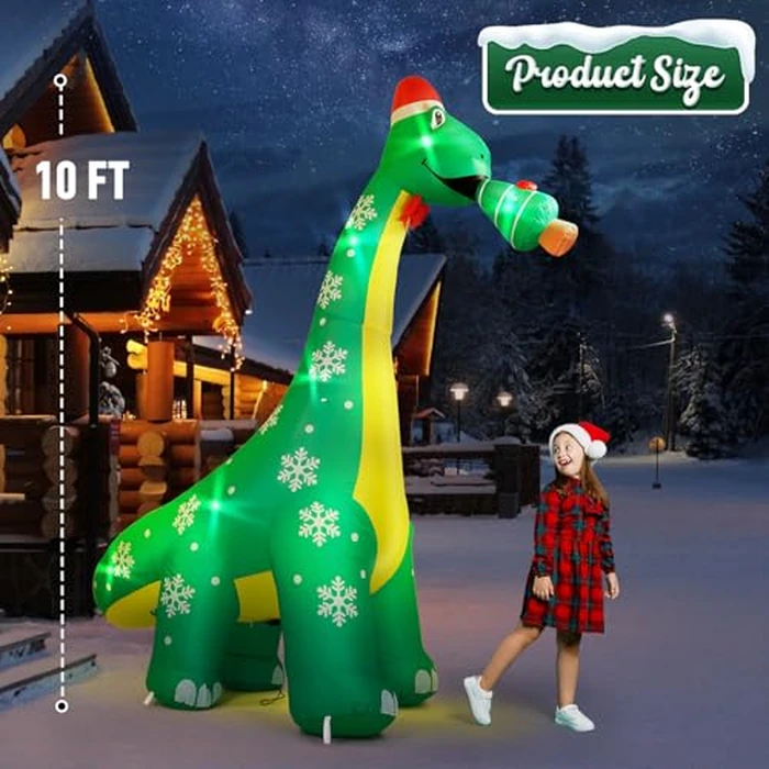 CACIRAL 10 FT Dinosaur Christmas Inflatable Outdoor Decoration, Lighted Dinosaur Christmas Blow Up with Xmas Hat and Tree, Xmas Holiday Decor for Yard, Lawn, Patio, Garden by CACIRAL - Image 2