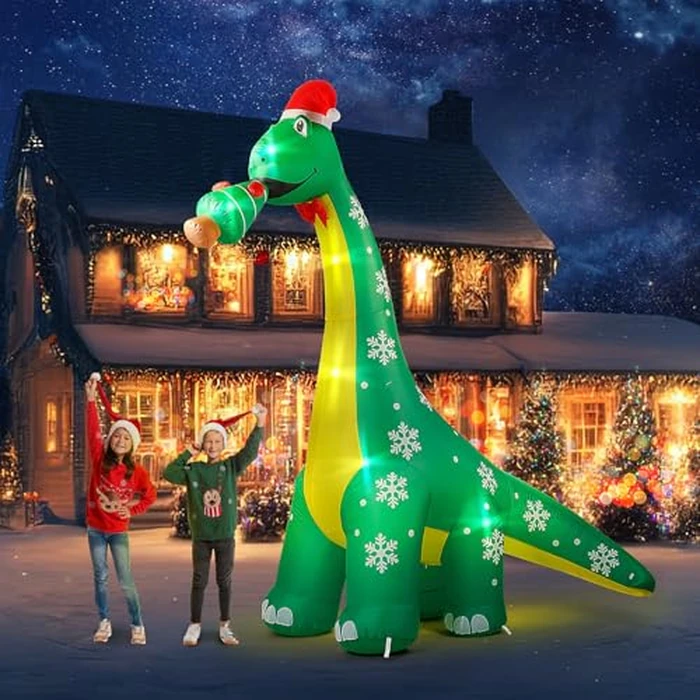 CACIRAL 10 FT Dinosaur Christmas Inflatable Outdoor Decoration, Lighted Dinosaur Christmas Blow Up with Xmas Hat and Tree, Xmas Holiday Decor for Yard, Lawn, Patio, Garden by CACIRAL - Image 3