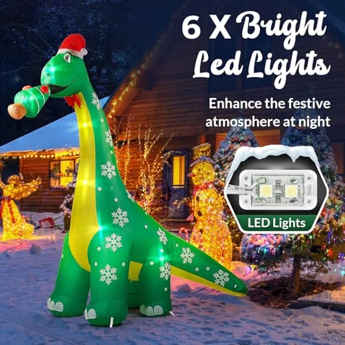 CACIRAL 10 FT Dinosaur Christmas Inflatable Outdoor Decoration, Lighted Dinosaur Christmas Blow Up with Xmas Hat and Tree, Xmas Holiday Decor for Yard, Lawn, Patio, Garden by CACIRAL - Image 5