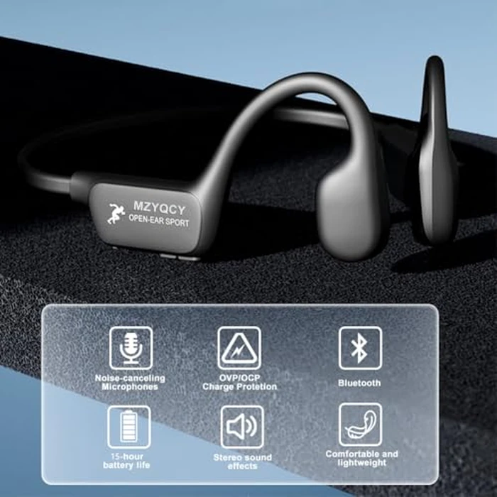 MZYQCY Bone Conduction Headphones,Open Ear Wireless Bluetooth 5.4 Headphones with Mic，IPX6 Waterproof Sport Bluetooth Headset，15H Playback， for Running，Cycling，Walking,Outdoor (Black) by MZYQCY - Image 2