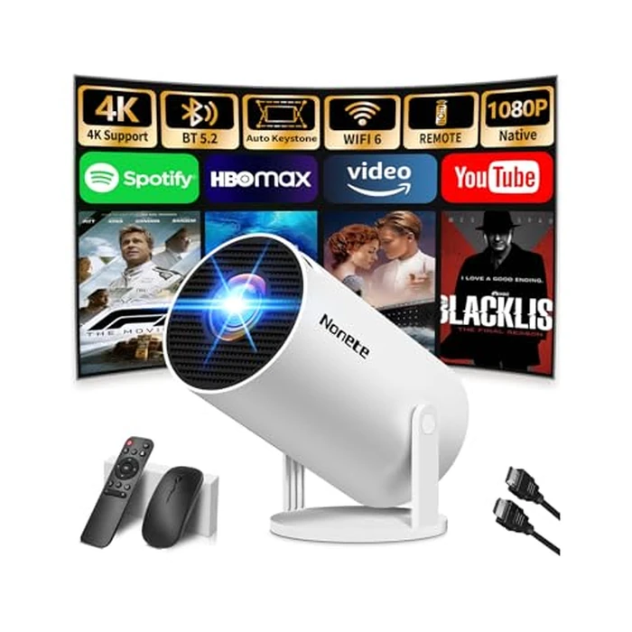 [2026 Upgraded] Mini Projector Support 4K 1080P FHD Auto Keystone 270 degrees Rotatable with WiFi 6 and Bluetooth 5.2 Projector Portable Compatibile with HDMI/TV Stick/Memory Stick/Laptop,White by Nonete - Used - Acceptable condition - CA$47.40