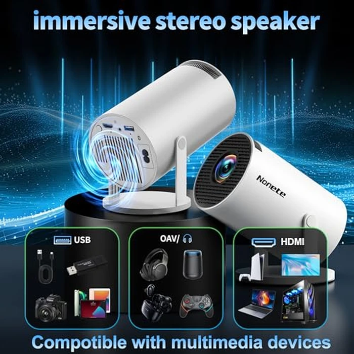 [2026 Upgraded] Mini Projector Support 4K 1080P FHD Auto Keystone 270 degrees Rotatable with WiFi 6 and Bluetooth 5.2 Projector Portable Compatibile with HDMI/TV Stick/Memory Stick/Laptop,White by Nonete - Image 4
