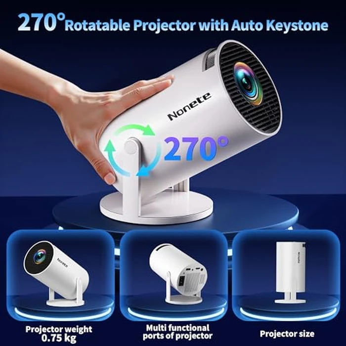 [2026 Upgraded] Mini Projector Support 4K 1080P FHD Auto Keystone 270 degrees Rotatable with WiFi 6 and Bluetooth 5.2 Projector Portable Compatibile with HDMI/TV Stick/Memory Stick/Laptop,White by Nonete - Image 5
