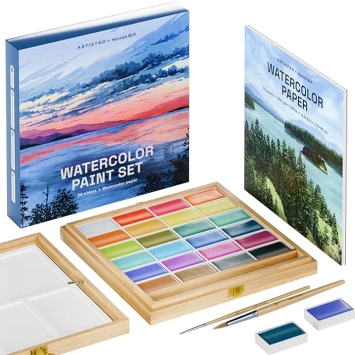 ARTISTRO x HANNAH M.P Professional Watercolor Paint Set Limited Edition with 24 colors in Bamboo Wooden Box (6ml XL Pans) - 2 Brushes, Watercolor Paper, Mixing Tray - Watercolor Set for Professionals made by professionals by ARTISTRO - Used - Like New condition - US$42.72