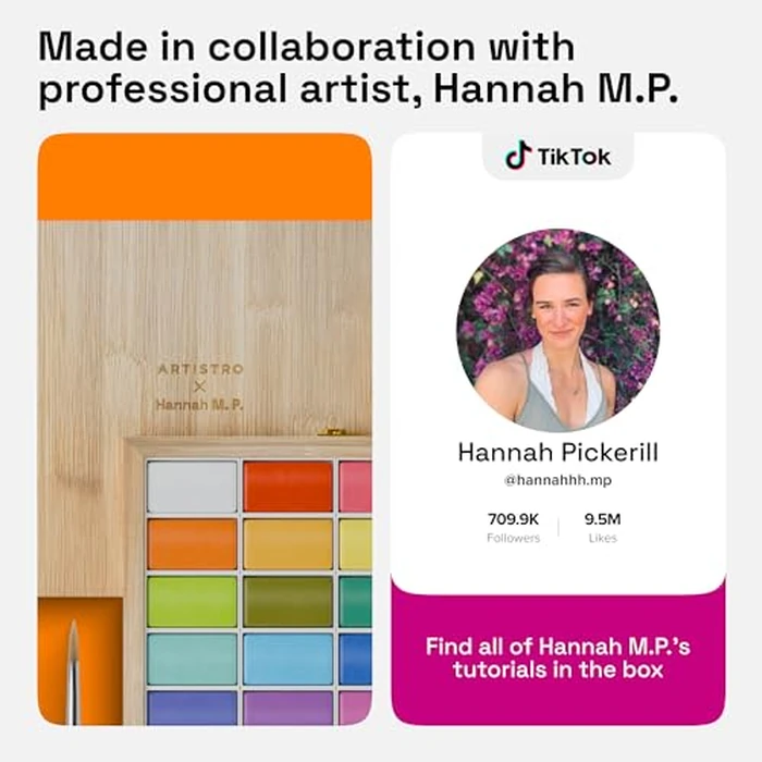 ARTISTRO x HANNAH M.P Professional Watercolor Paint Set Limited Edition with 24 colors in Bamboo Wooden Box (6ml XL Pans) - 2 Brushes, Watercolor Paper, Mixing Tray - Watercolor Set for Professionals made by professionals by ARTISTRO - Image 2
