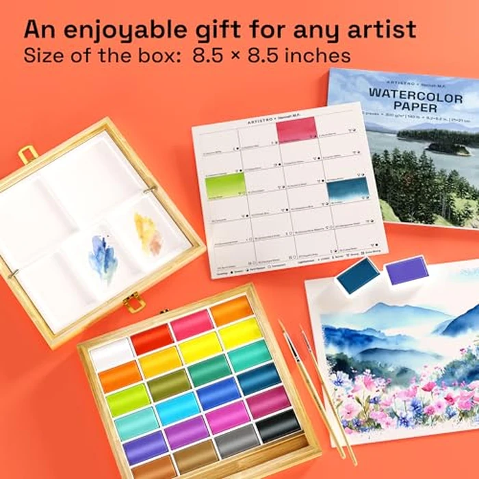 ARTISTRO x HANNAH M.P Professional Watercolor Paint Set Limited Edition with 24 colors in Bamboo Wooden Box (6ml XL Pans) - 2 Brushes, Watercolor Paper, Mixing Tray - Watercolor Set for Professionals made by professionals by ARTISTRO - Image 4