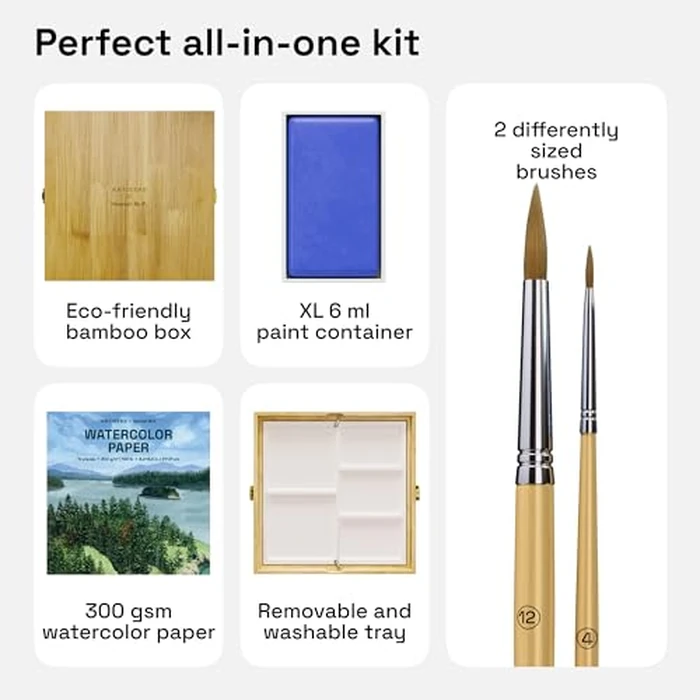 ARTISTRO x HANNAH M.P Professional Watercolor Paint Set Limited Edition with 24 colors in Bamboo Wooden Box (6ml XL Pans) - 2 Brushes, Watercolor Paper, Mixing Tray - Watercolor Set for Professionals made by professionals by ARTISTRO - Image 5