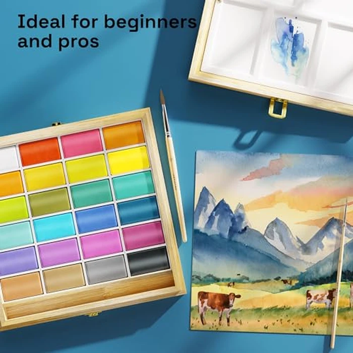 ARTISTRO x HANNAH M.P Professional Watercolor Paint Set Limited Edition with 24 colors in Bamboo Wooden Box (6ml XL Pans) - 2 Brushes, Watercolor Paper, Mixing Tray - Watercolor Set for Professionals made by professionals by ARTISTRO - Image 6