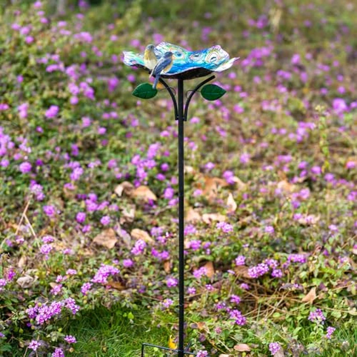 dreamysoul Lotus Shape Bird Baths for Outside, 11 Inches Dia Colorful Peacock Feather Pattern Bird Bath Bowl, 5-Pronged Base Freestanding Metal Birdbath for Outdoors Garden Patio Yard Lawn by dreamysoul - Image 6
