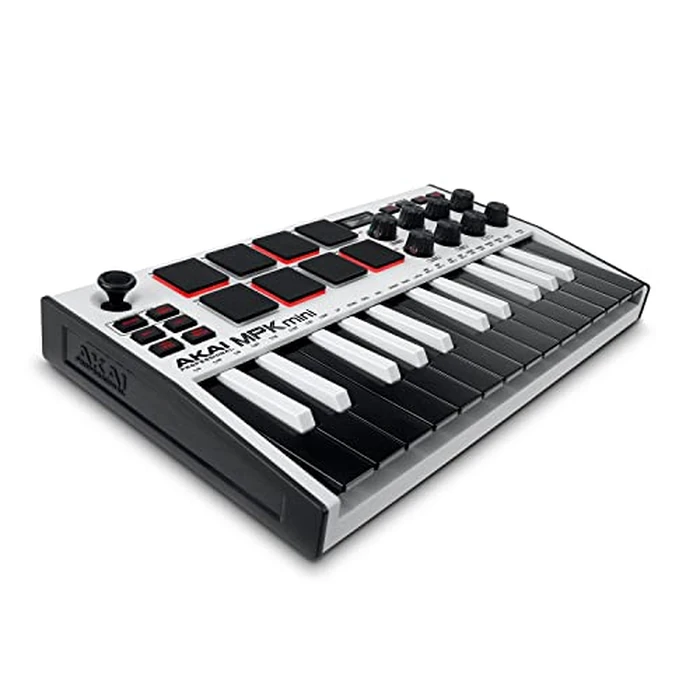 Akai Professional MPK Mini MK3 25 Key USB MIDI Keyboard Controller With 8 Backlit Drum Pads, 8 Knobs, Music Production Software and Native Instruments Sound Package (NKS Integration), White by Akai Professional - Image 1